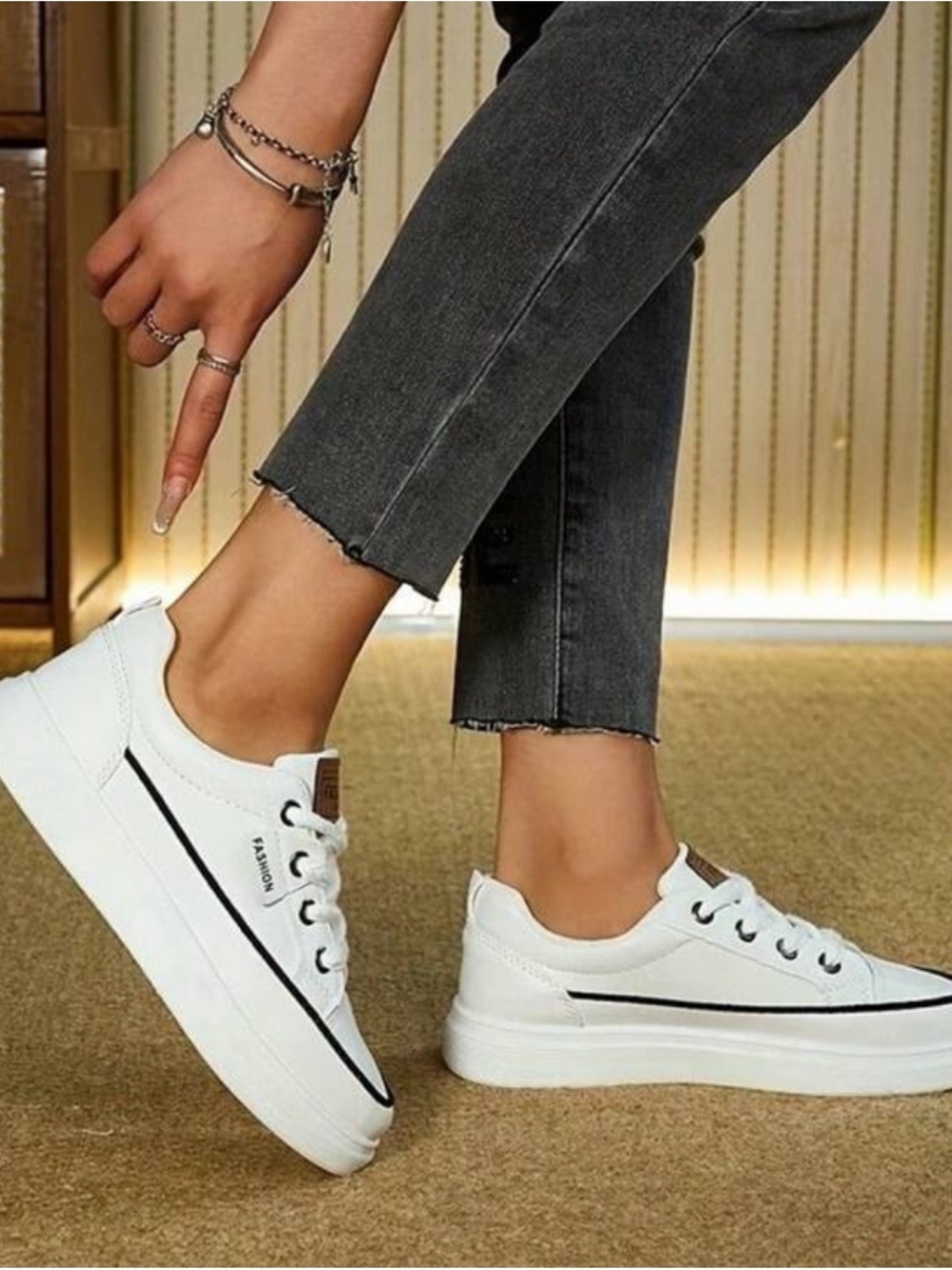 3/$30🍀 -Label White Lace-Up Platform Sneakers with Black Trim - Picture 2 of 3